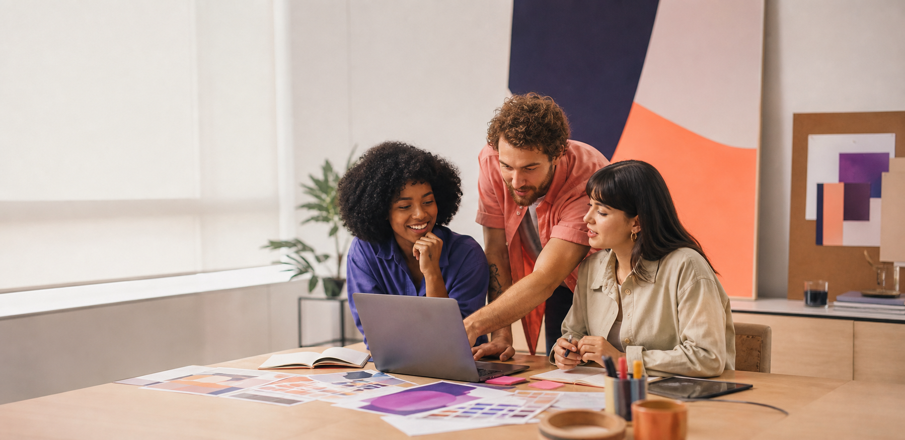 Equipe criativa da Allma colaborando em um projeto de marketing digital